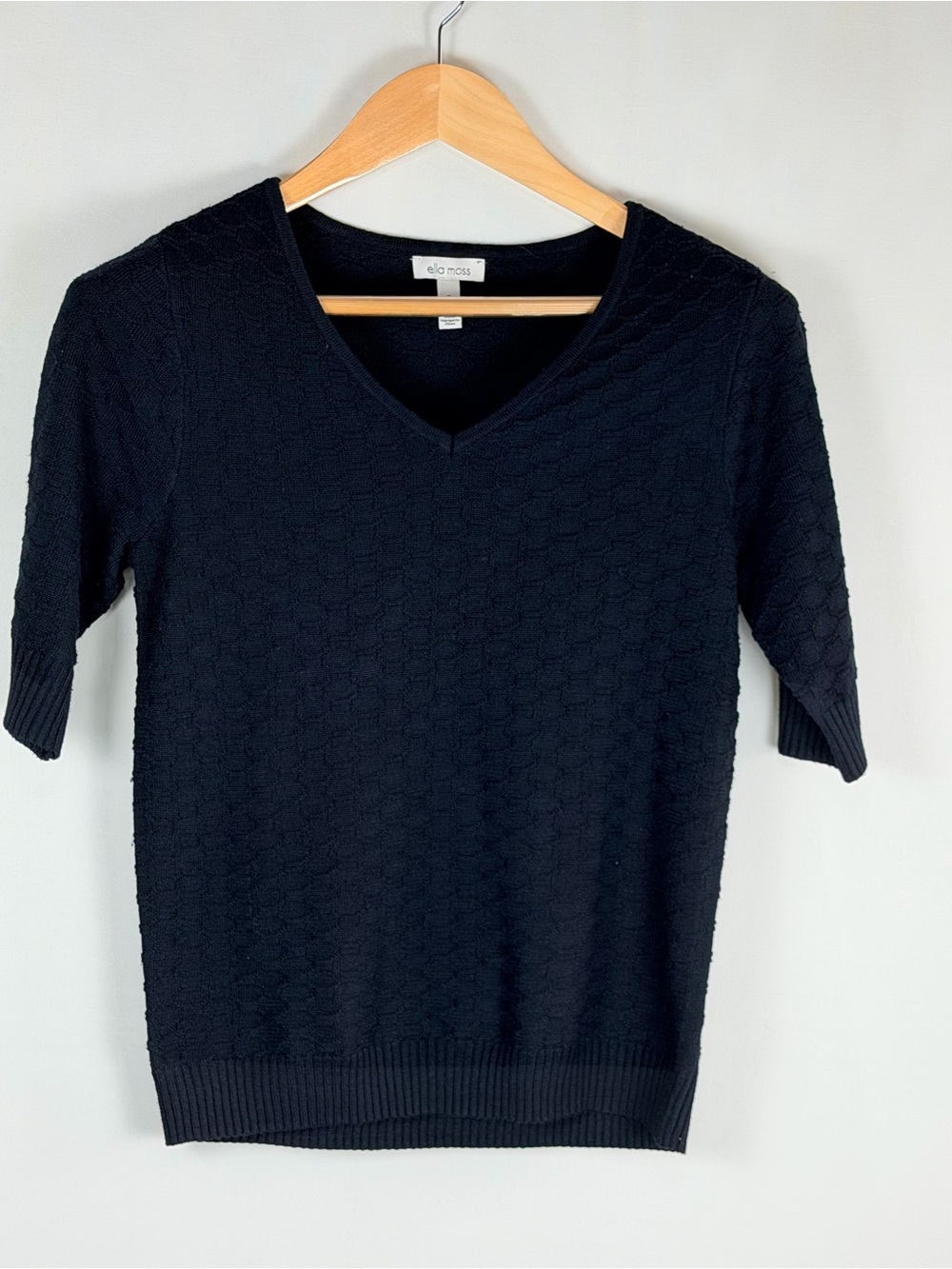 Ella Moss Textured Knit Top Black V Neck Short Sleeve Sweater Small